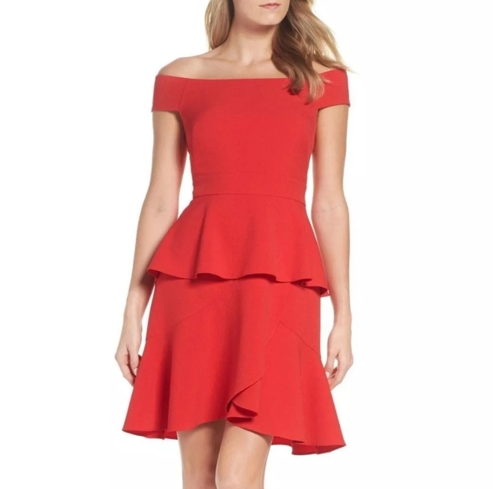 ELIZA J OFF THE SHOULDER RED RUFFAL HEM RED Mini DRESS Size 6 Women's